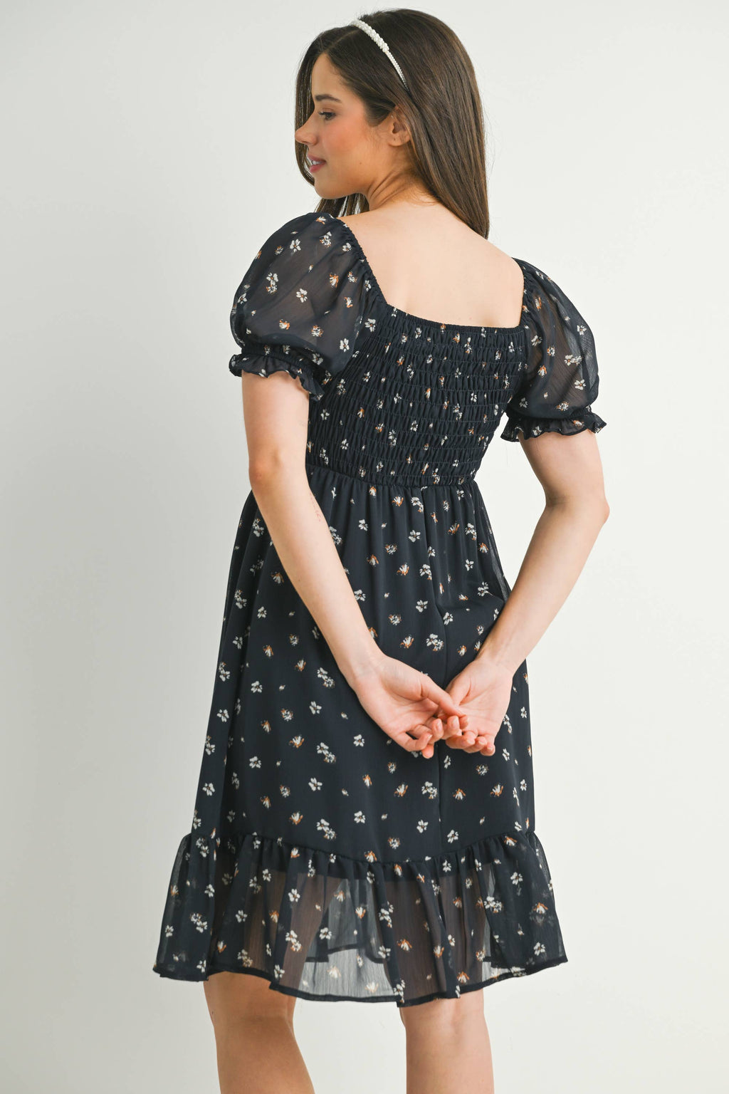 Navy Floral Smocked Maternity Ruffle Dress