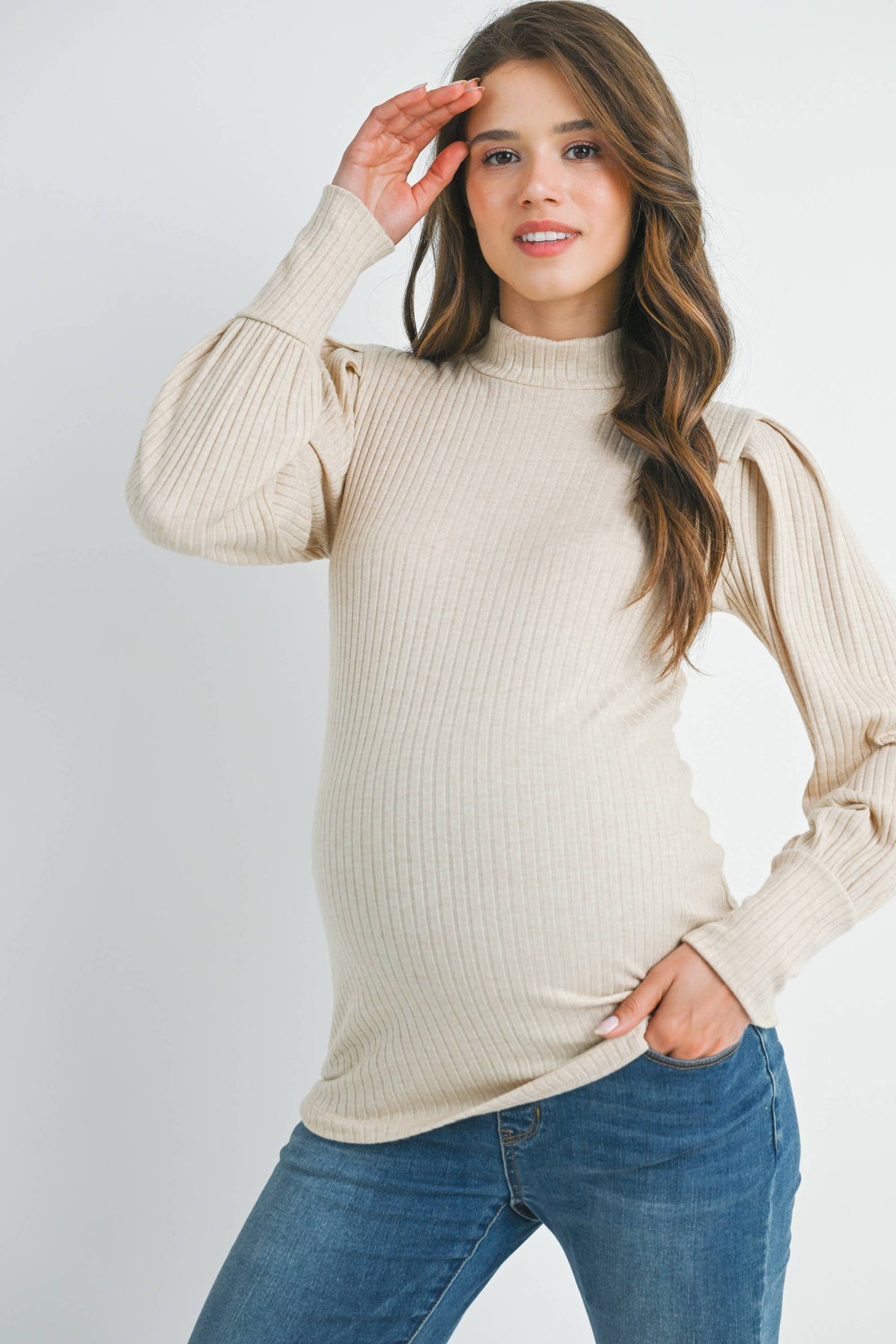 Oatmeal Ribbed Mock Neck Puff Sleeve Maternity Top