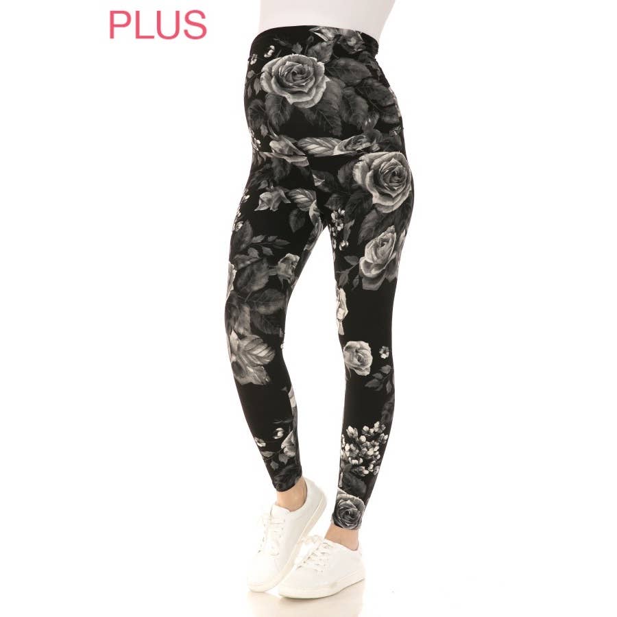 Black Floral Buttery Soft Full Length Ruched Maternity Leggings S-3XL