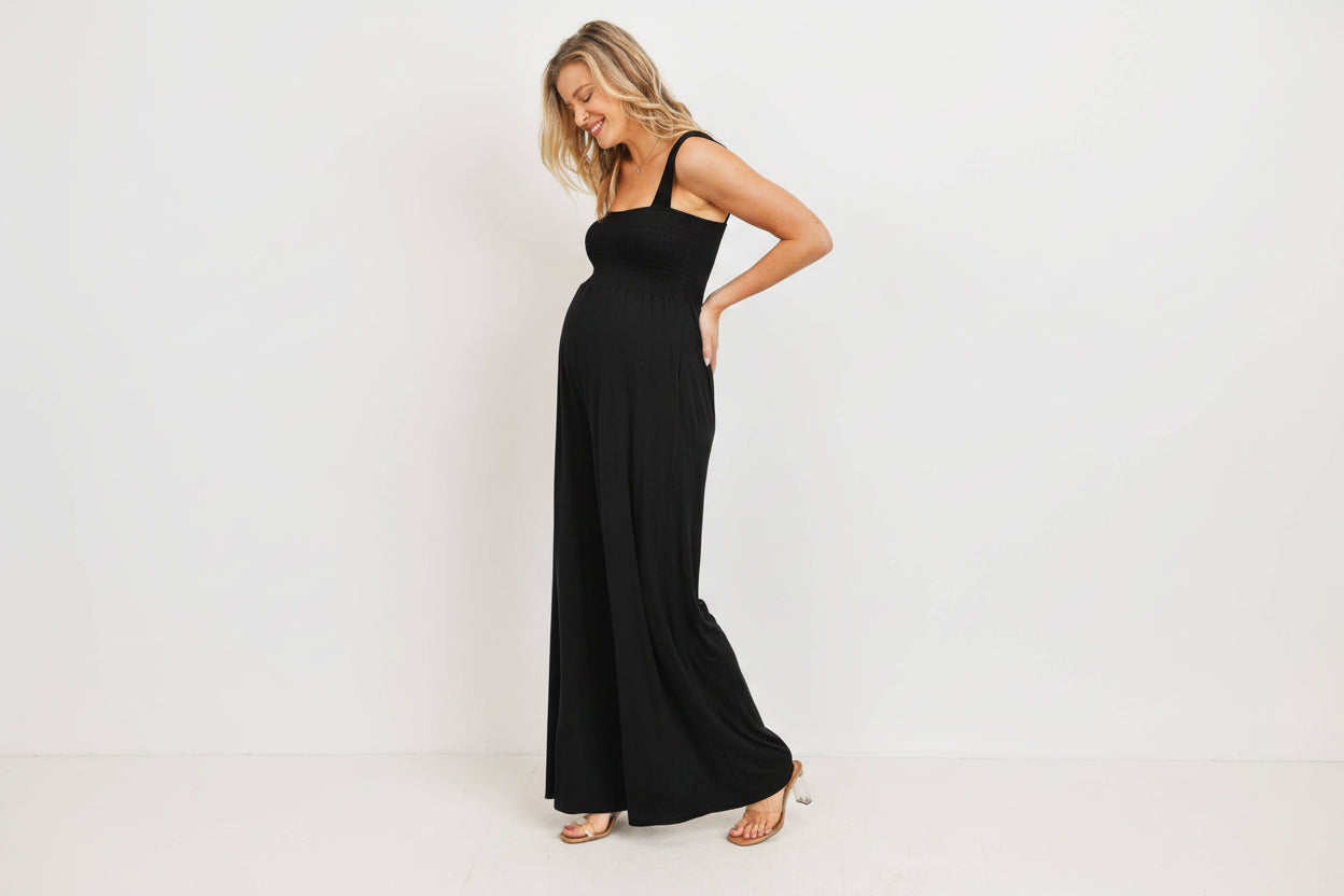 Black Sleeveless Smocked Maternity Wide Leg Jumpsuit