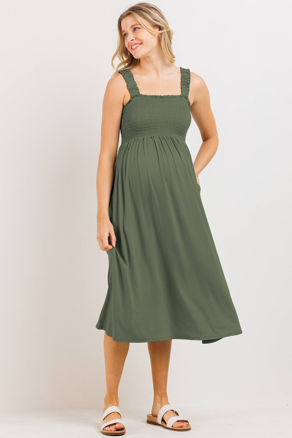 Olive Smocked Sleeveless Maternity Midi Dress