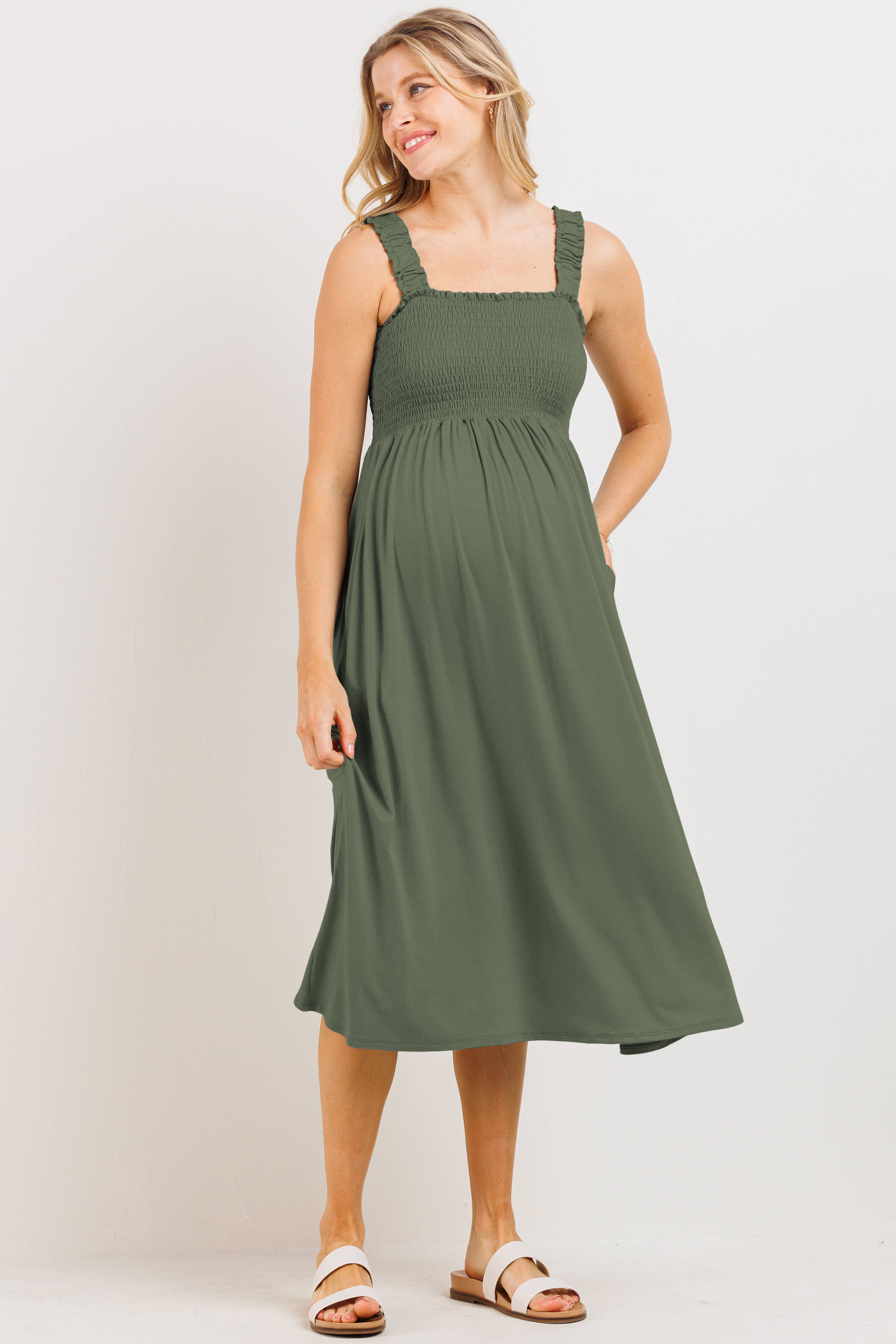 Olive Smocked Sleeveless Maternity Midi Dress