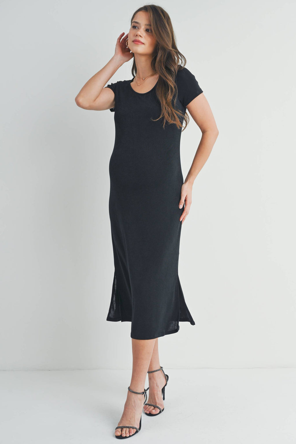 Black Round Neck Double Slit Maternity Midi Dress