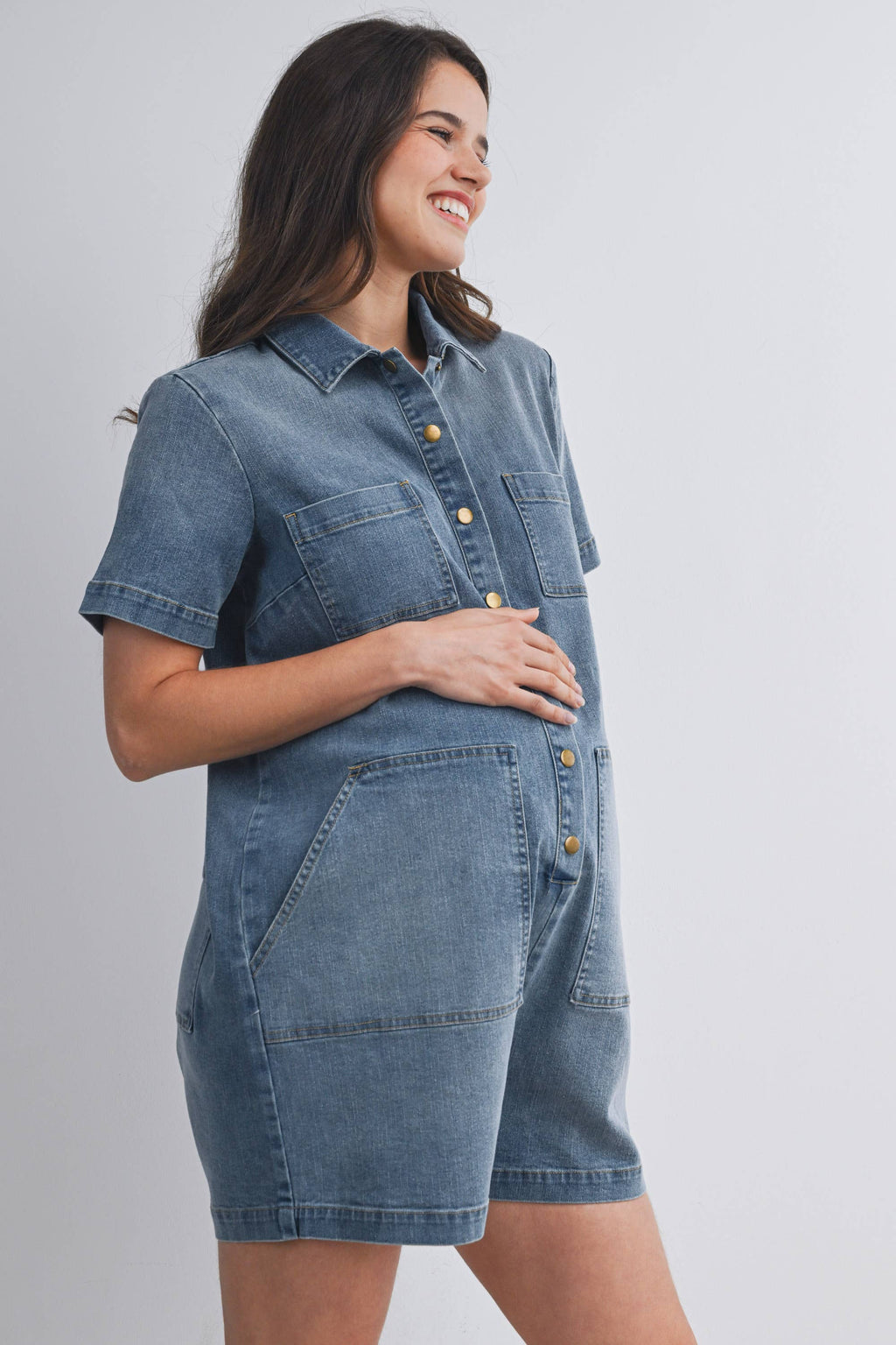 Button Front Denim Romper with Collar