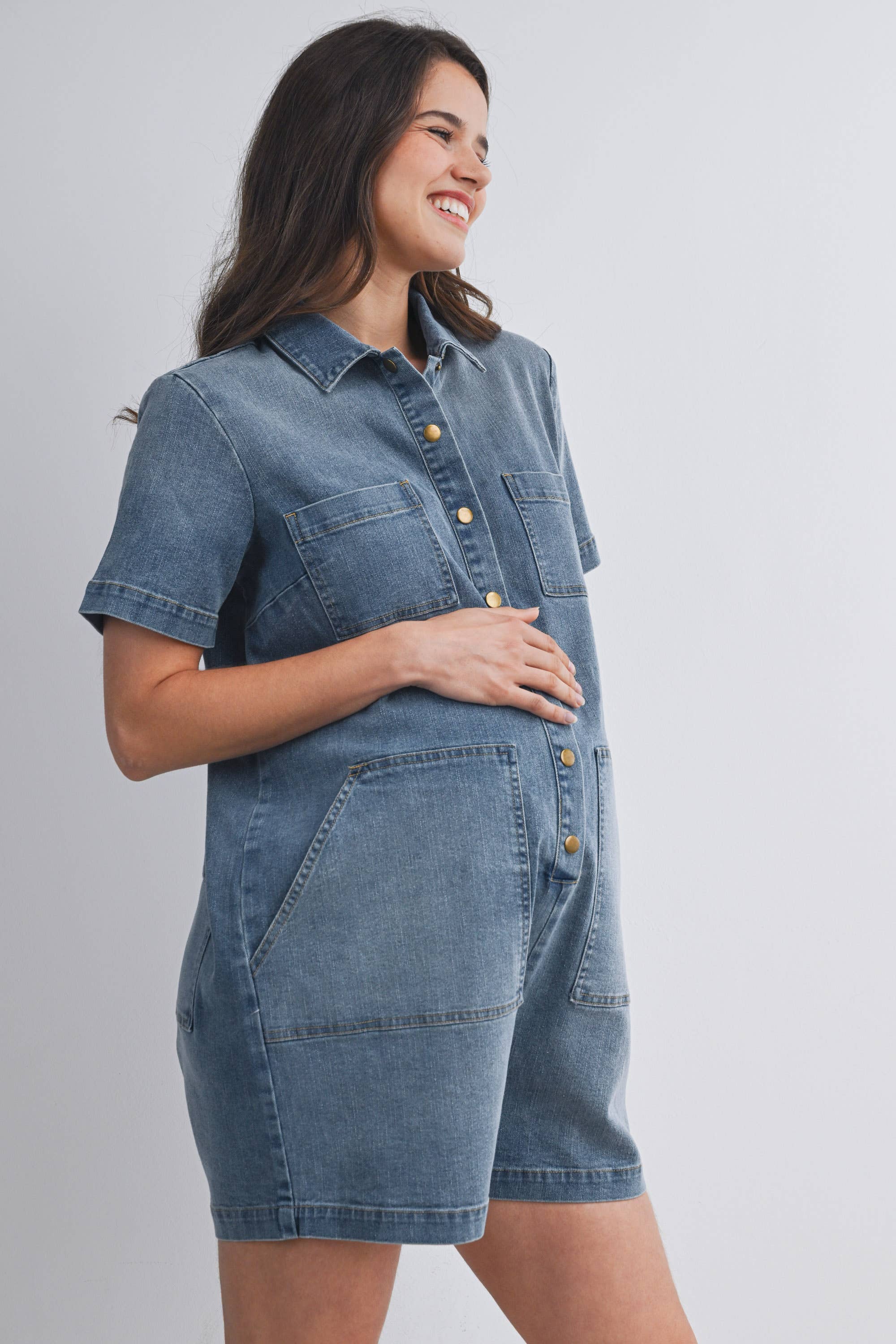 Button Front Denim Romper with Collar