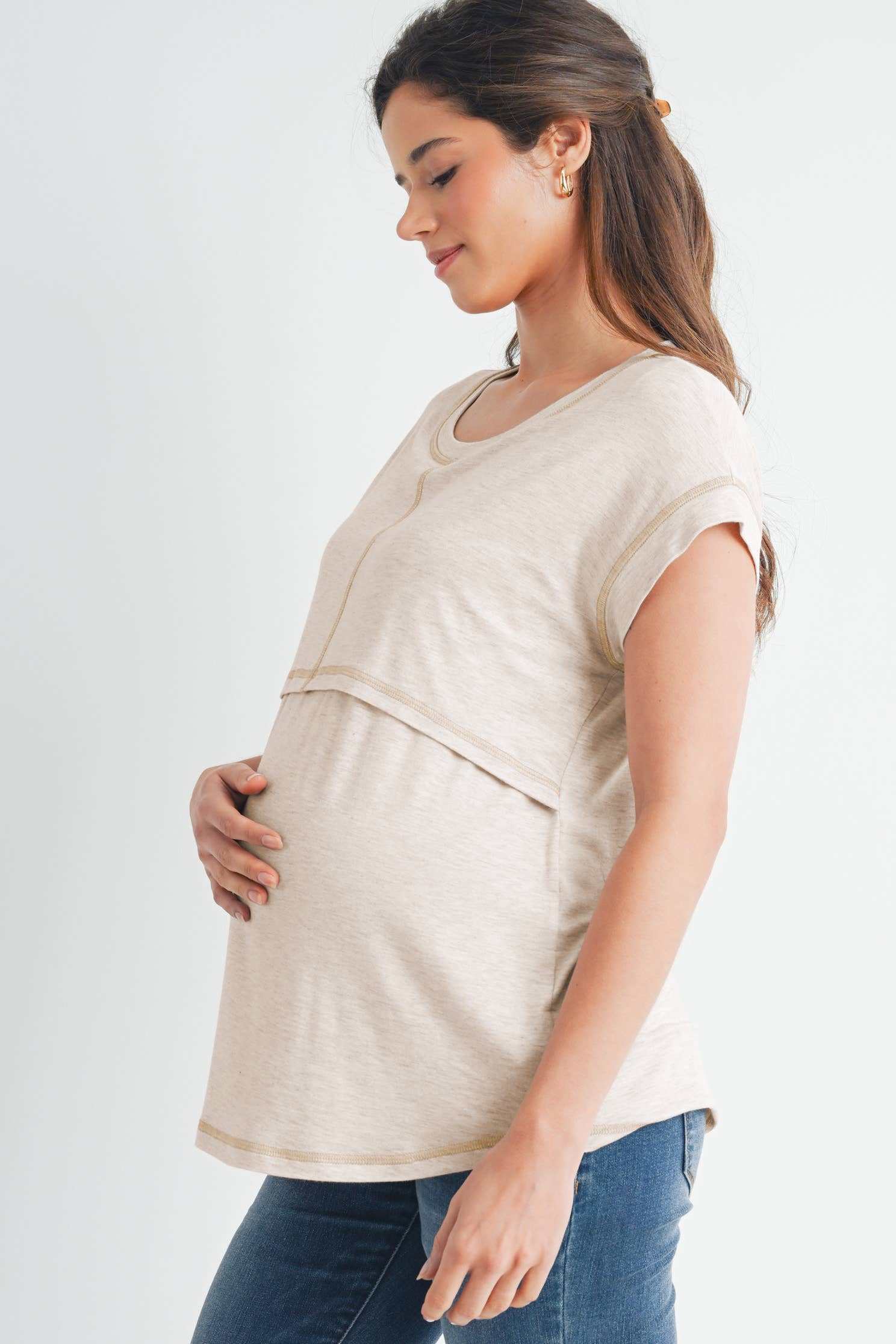 Oatmeal Double Layer Short Sleeve Maternity Nursing Top