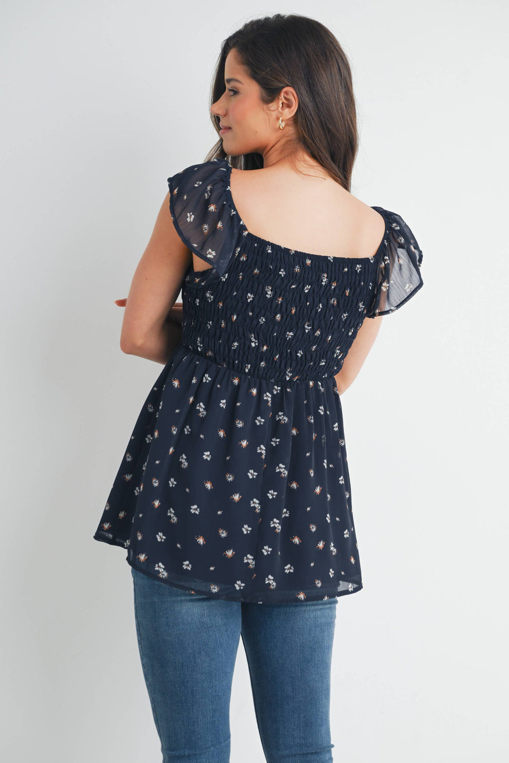 Navy Floral Flutter Sleeve Maternity Smocked Top