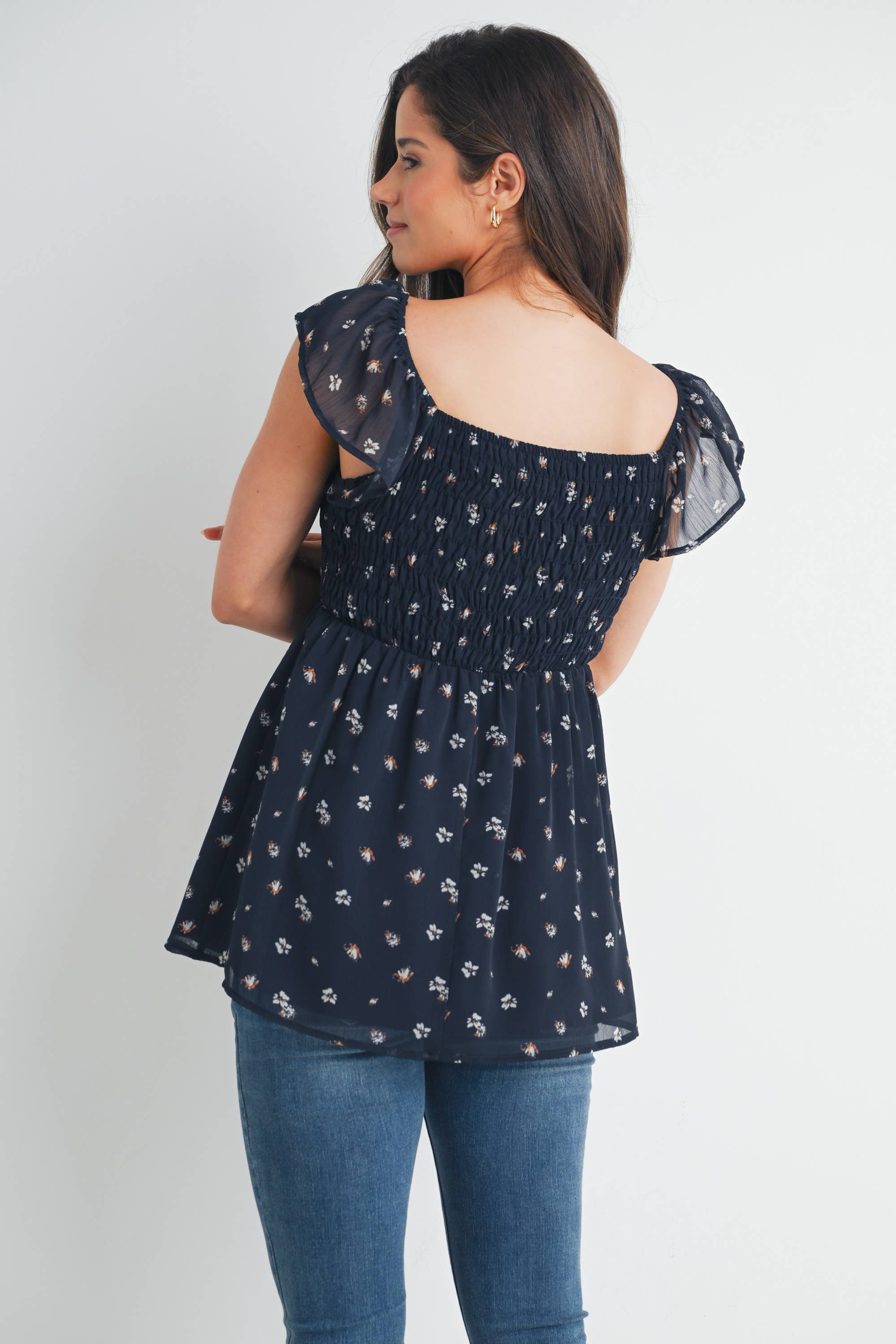 Navy Floral Flutter Sleeve Maternity Smocked Top