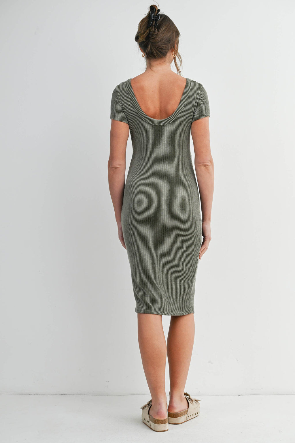 Olive Ribbed Short Sleeve Maternity Midi Dress with Scoop Back