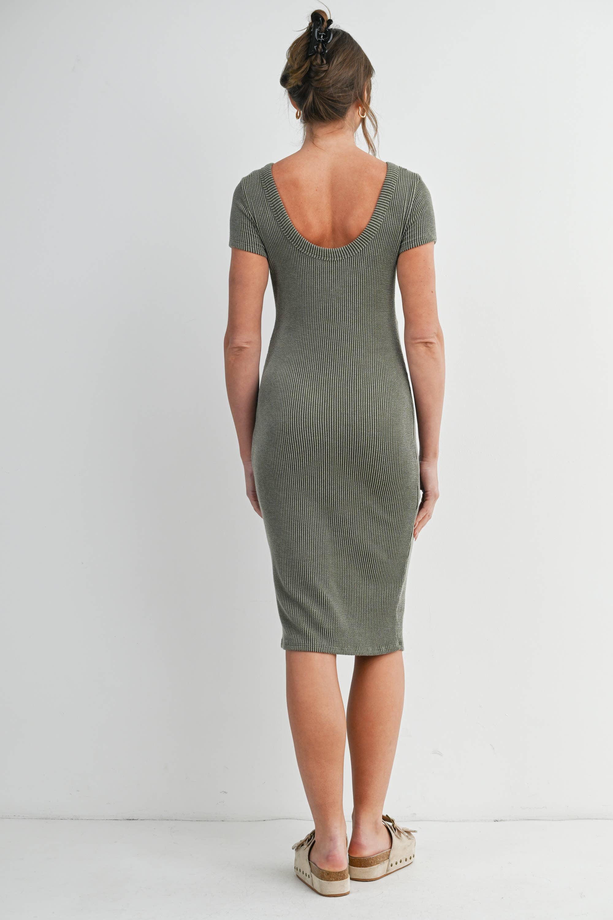 Olive Ribbed Short Sleeve Maternity Midi Dress with Scoop Back