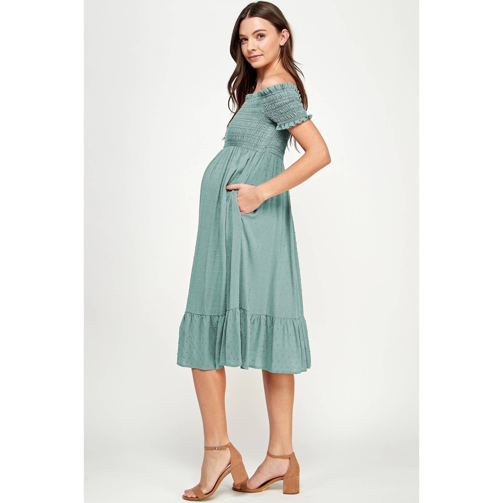 Sage Smocked Off The Shoulder Maternity Midi Dress