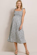 Sage Blue Floral Smocked Tie-Strap Maternity Midi Dress