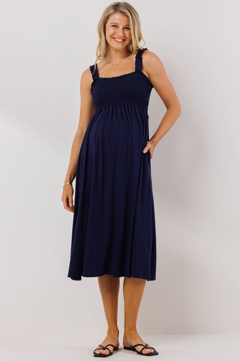 Navy Smocked Sleeveless Maternity Midi Dress