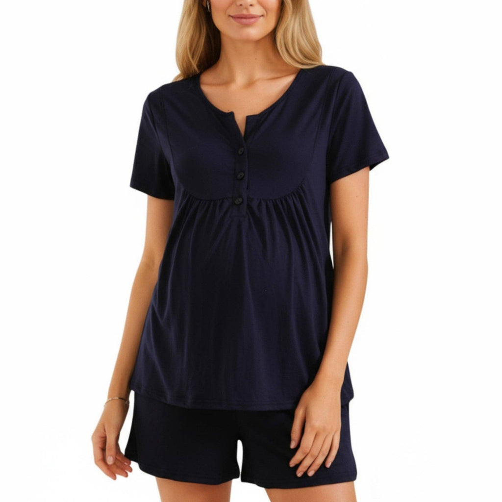 Black 2-Piece Maternity Pajama Set with Short Sleeve Henley Top