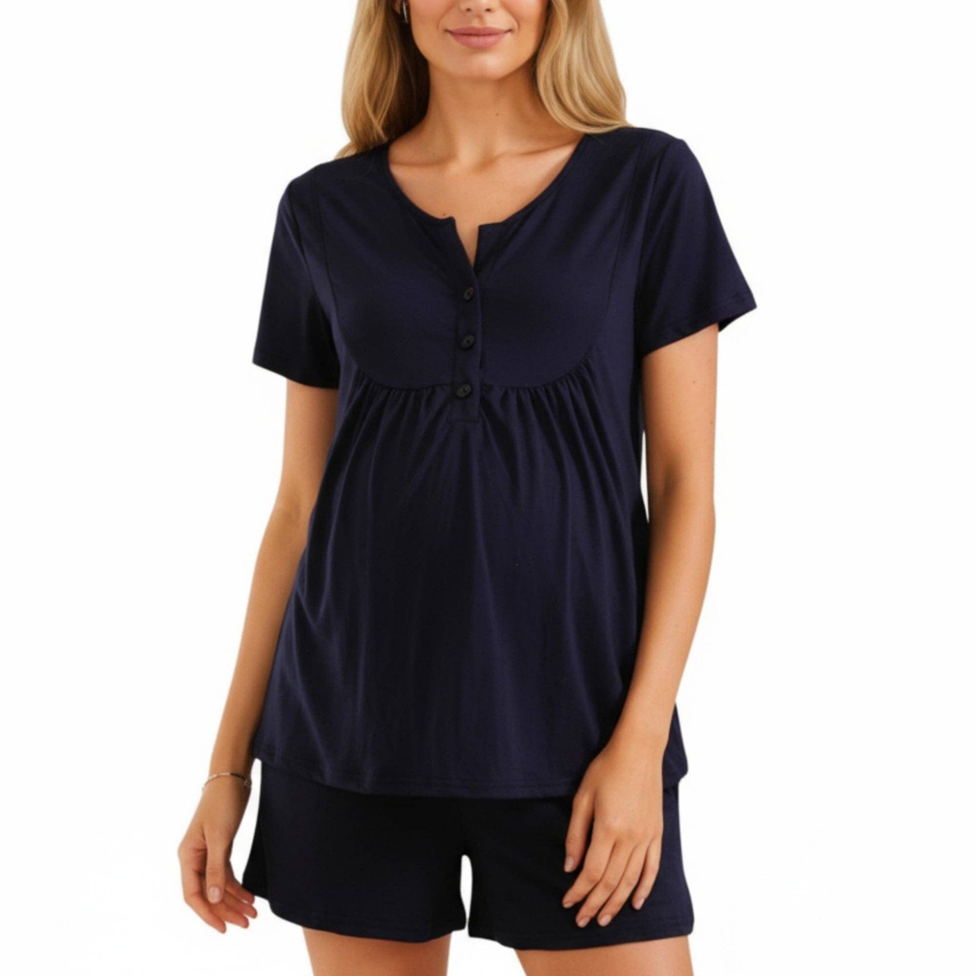 Black 2-Piece Maternity Pajama Set with Short Sleeve Henley Top