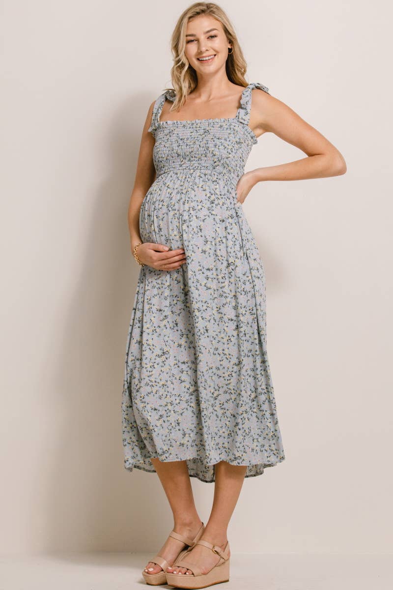 Sage Blue Floral Smocked Tie-Strap Maternity Midi Dress