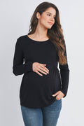 Black French Terry Long Sleeve Scoop Neck Maternity Top