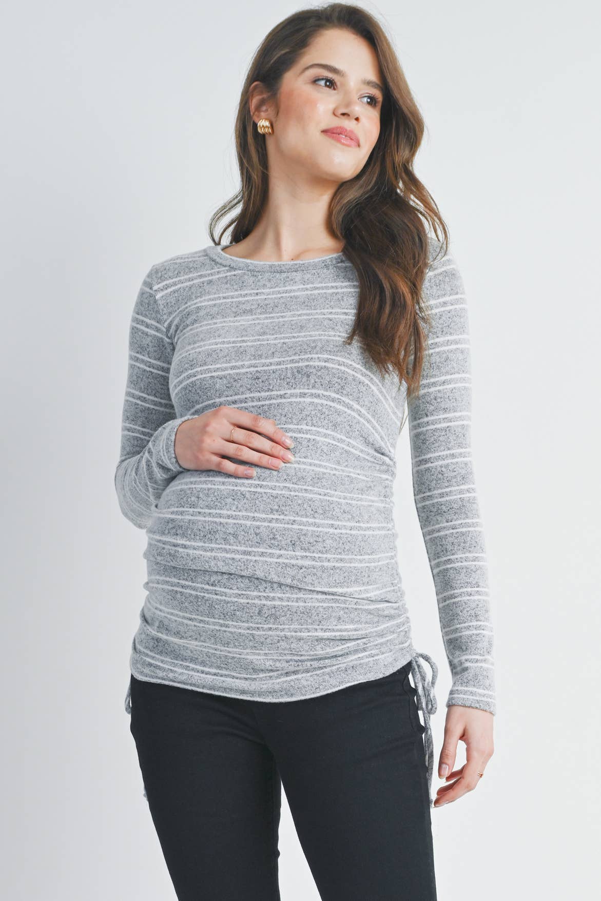Gray/Ivory Striped Ruched Maternity Long Sleeve Knit Top