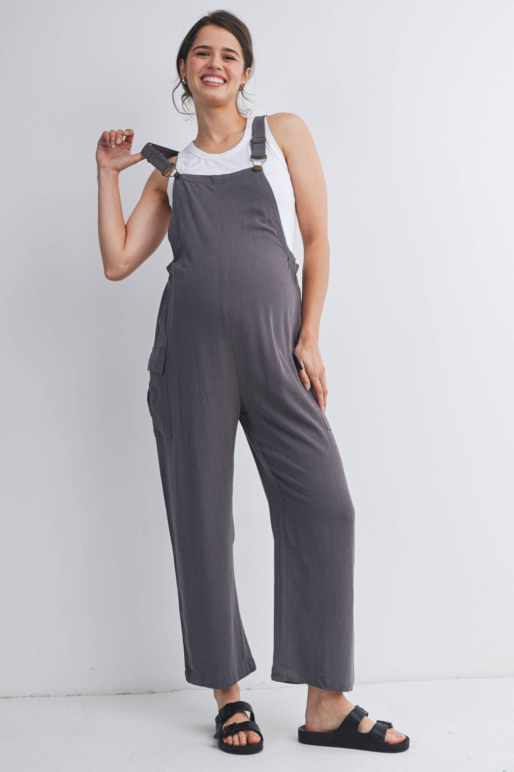 Straight Leg Maternity Adjustable Overalls  Grey