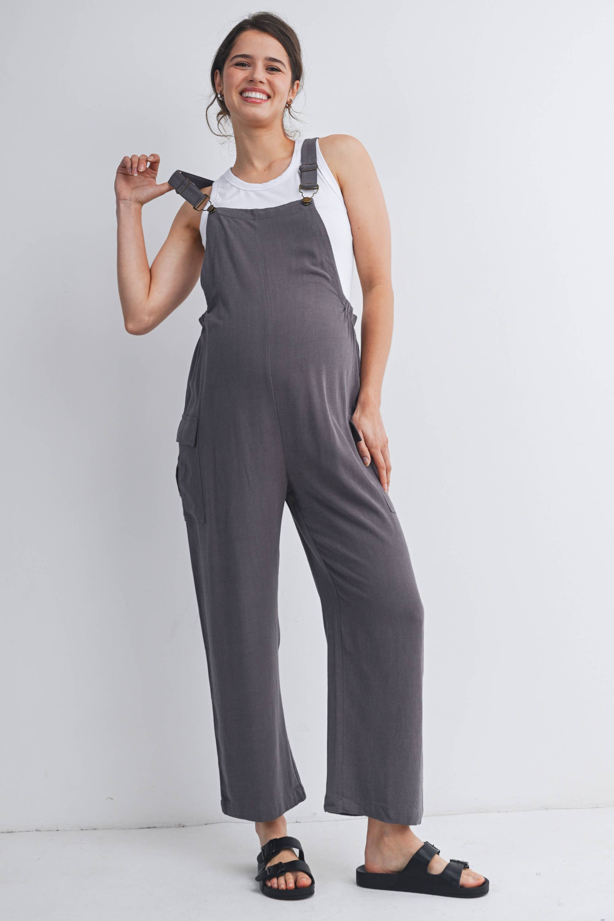 Straight Leg Maternity Adjustable Overalls  Grey