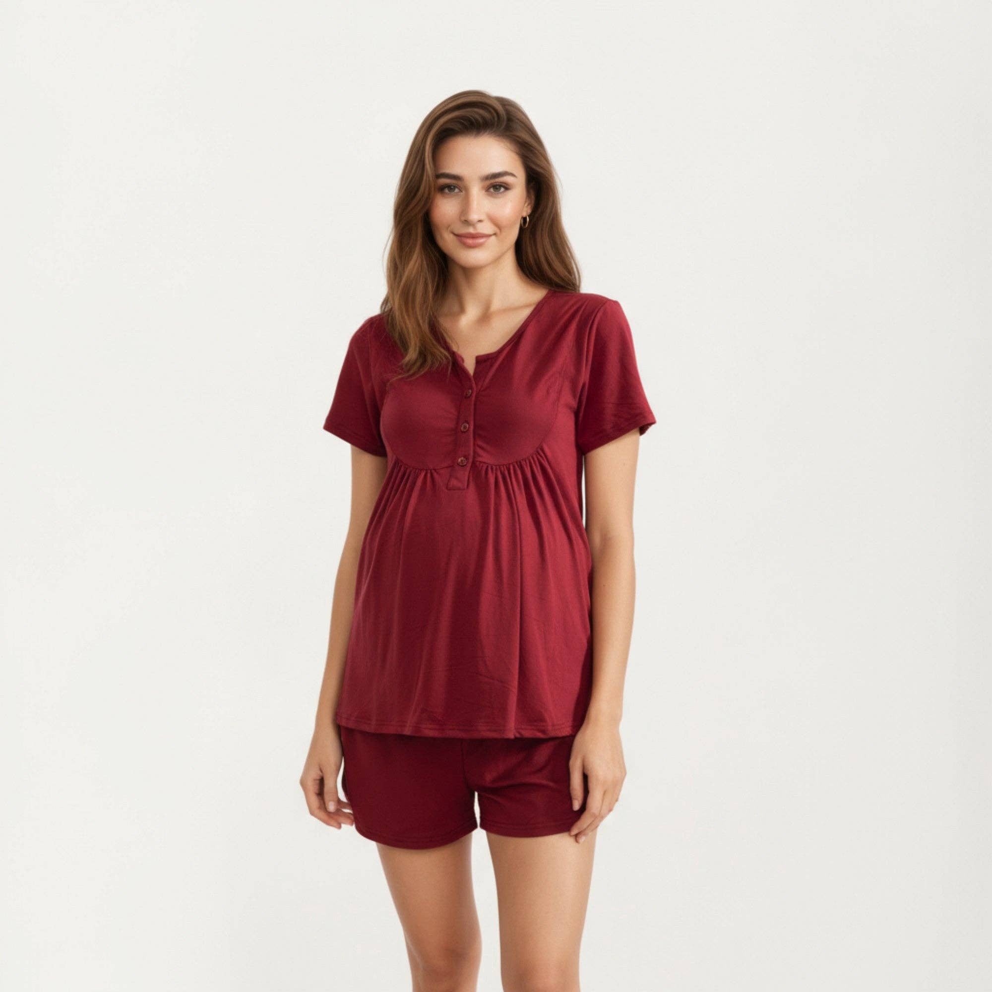 Burgundy 2-Piece Maternity Pajama Set with Short Sleeve Henley Top