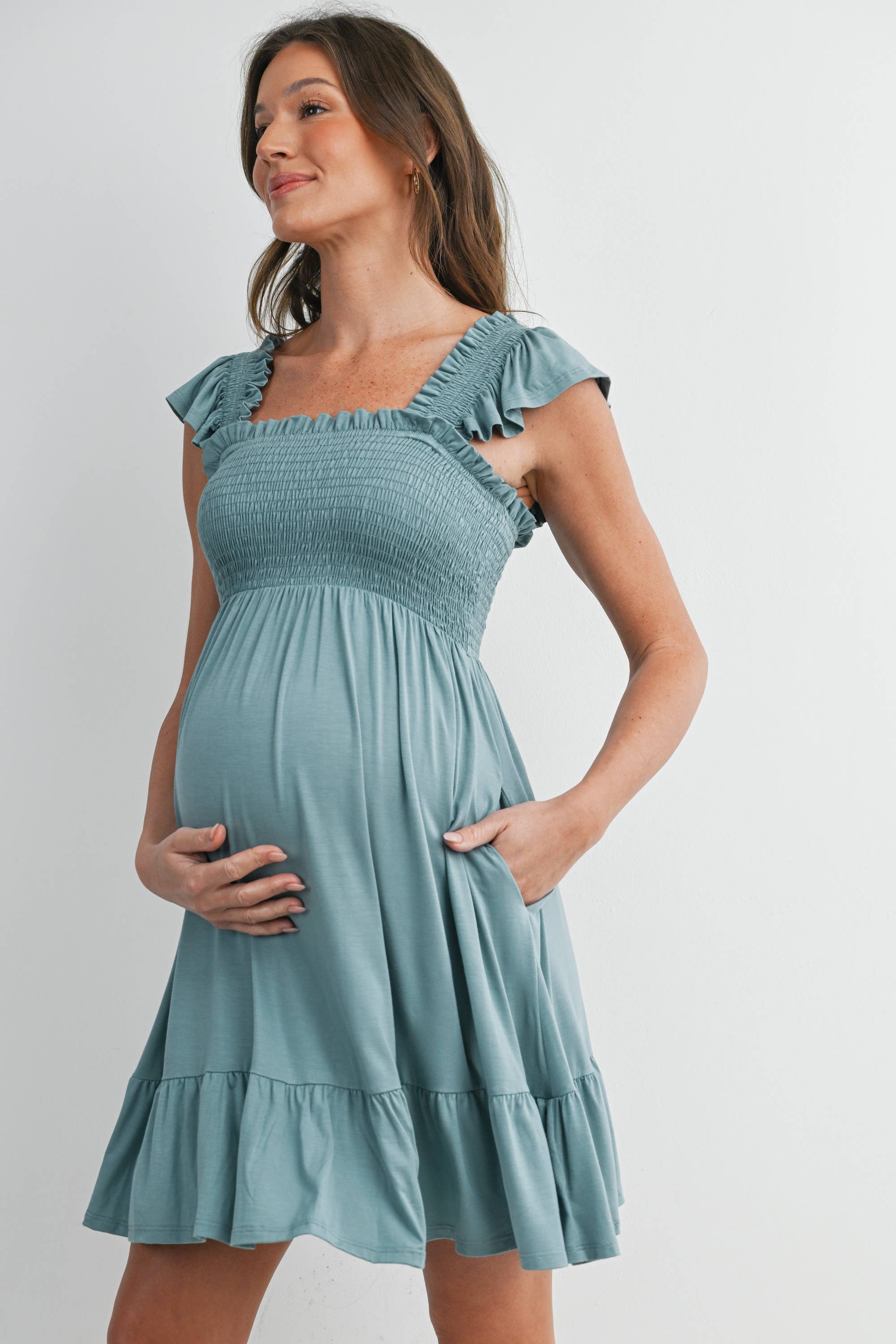 Sage Smocked Tiered Maternity Mini Dress with Flutter Sleeves