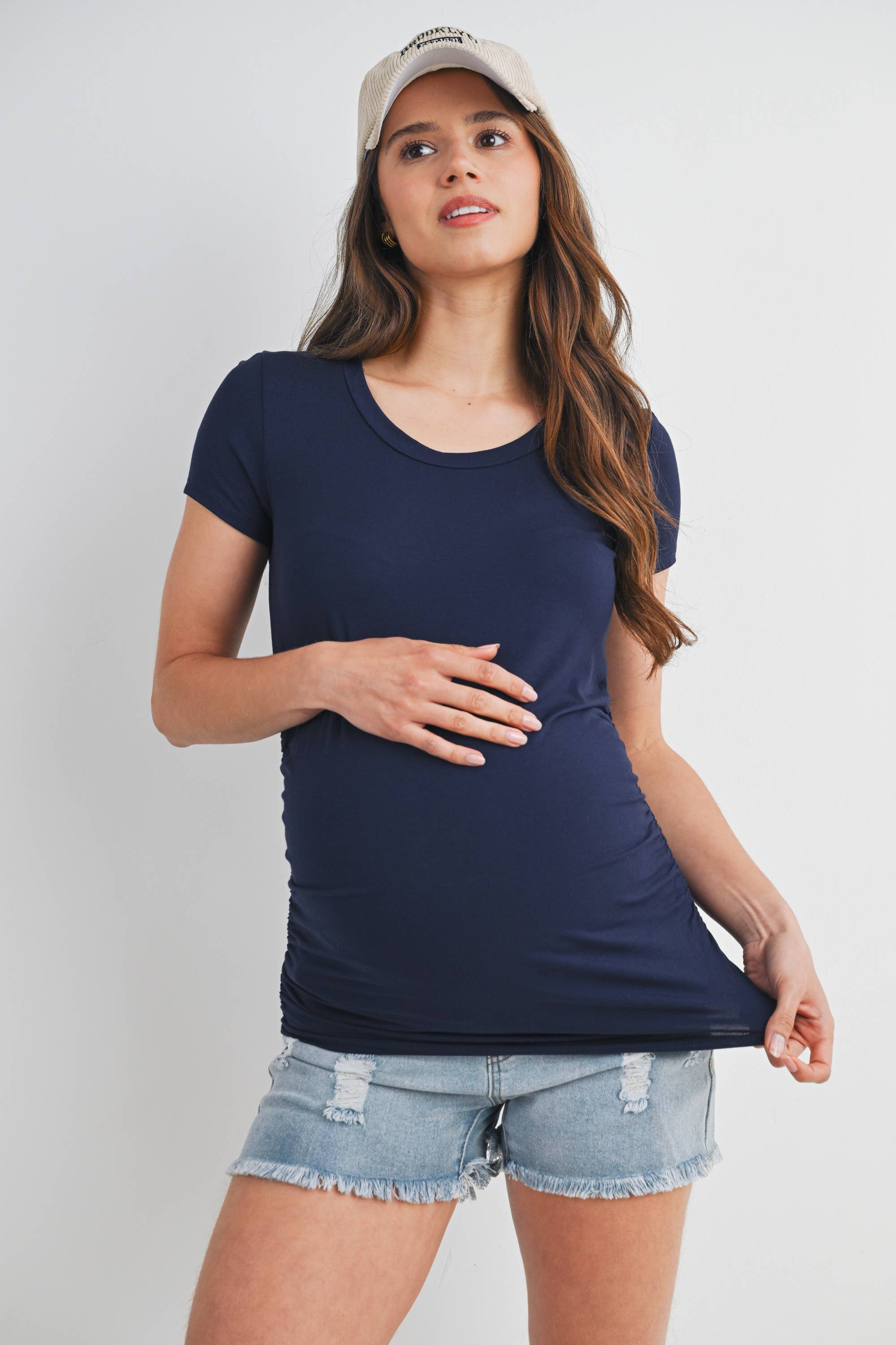 Navy Ruched Short Sleeve Maternity T-Shirt