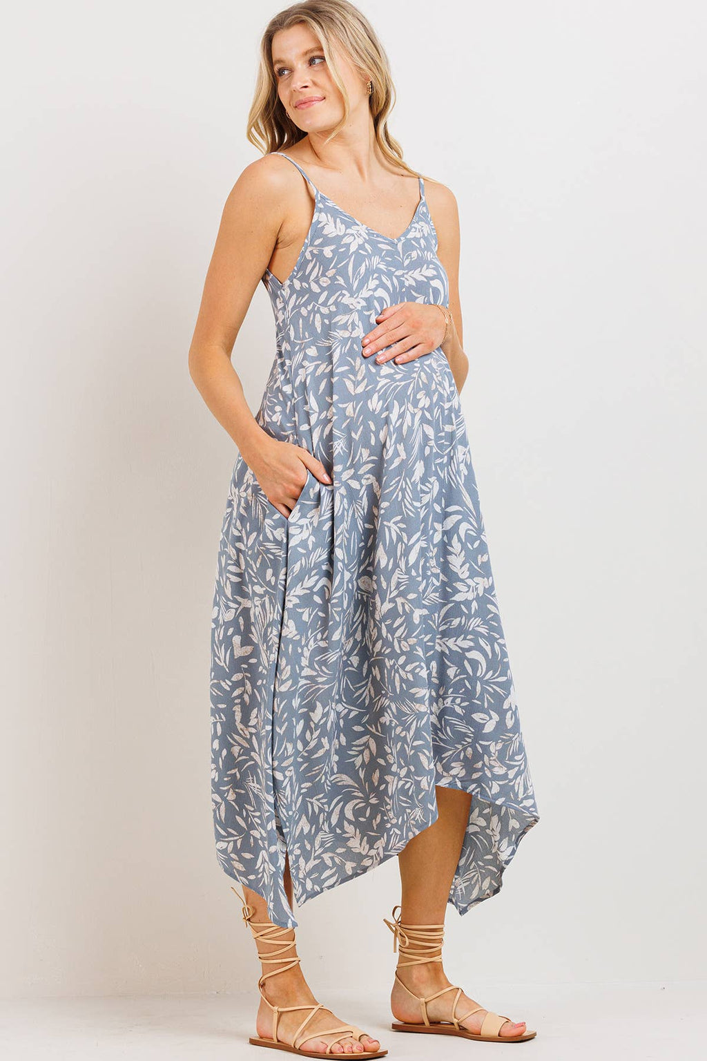 Chambray Blue Floral Asymmetric Maternity Midi Dress