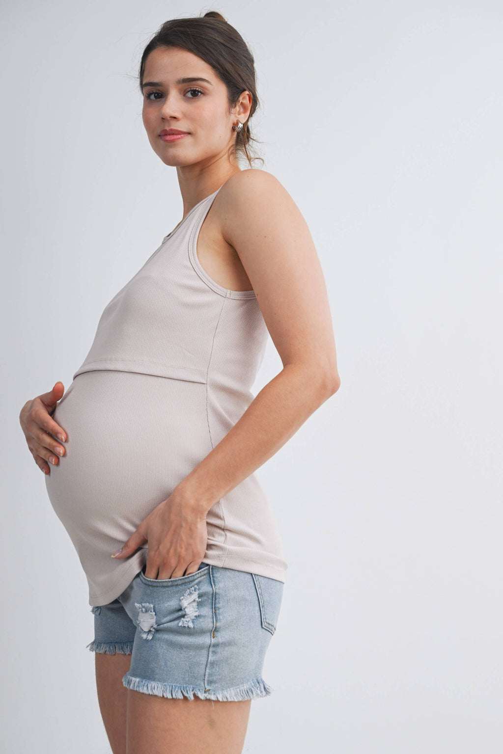 Beige Sleeveless Maternity Nursing Double-Layer Tank Top