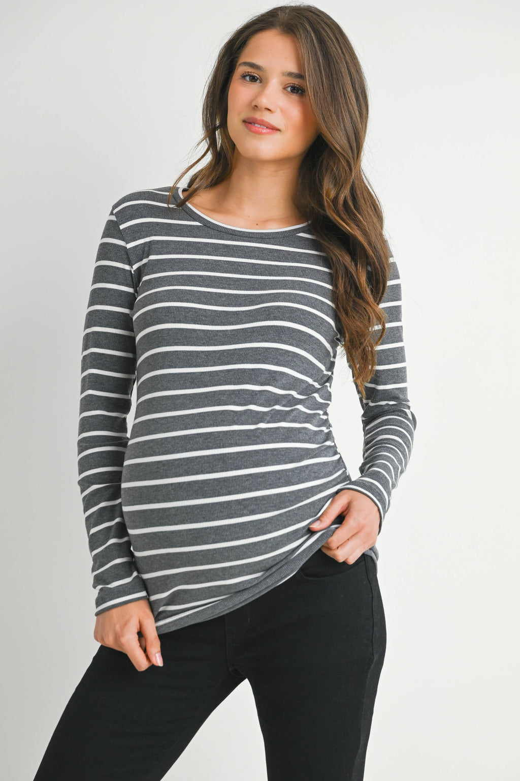 Charcoal/White Striped Ribbed Long Sleeve Top
