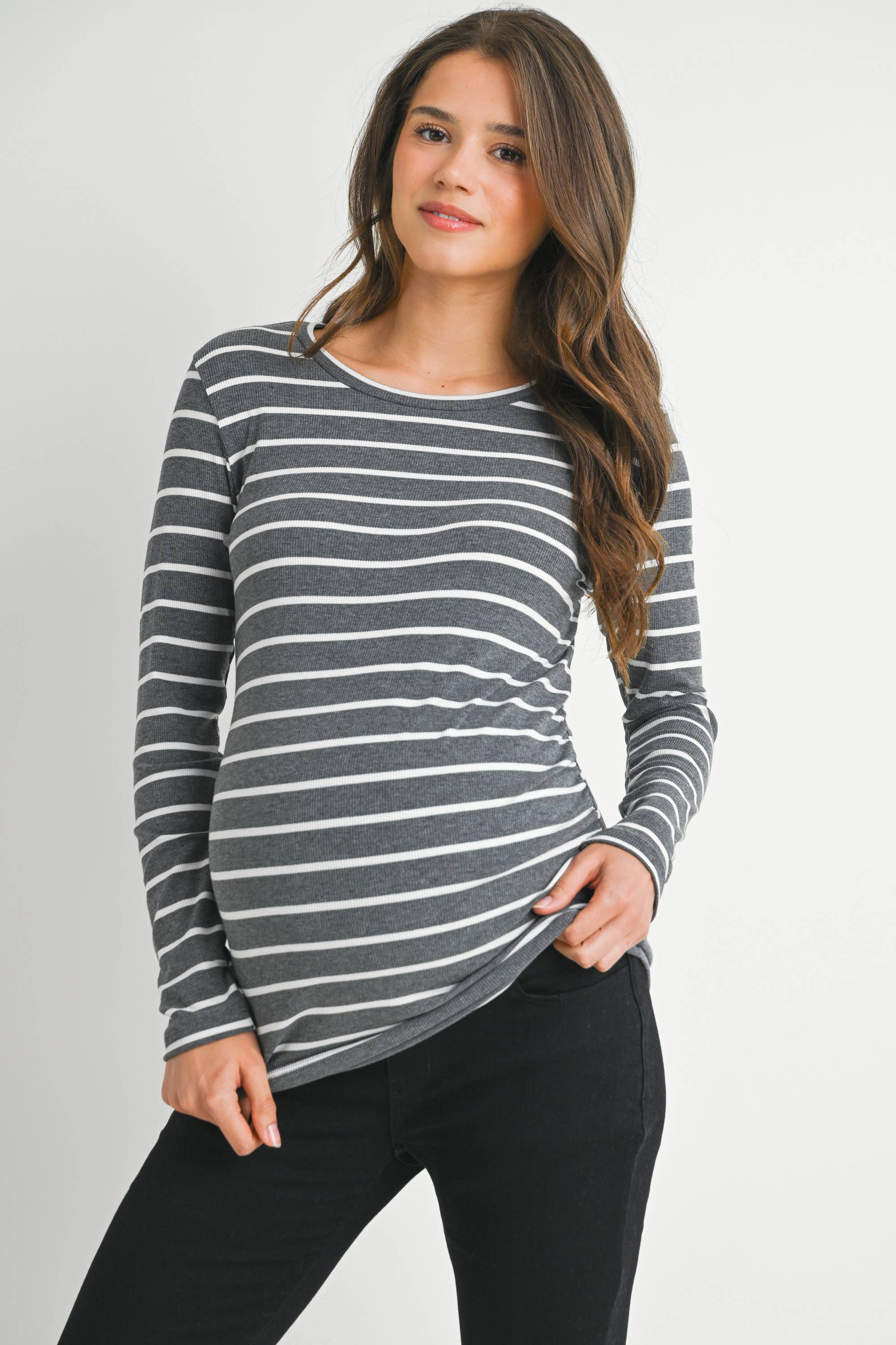 Charcoal/White Striped Ribbed Long Sleeve Top