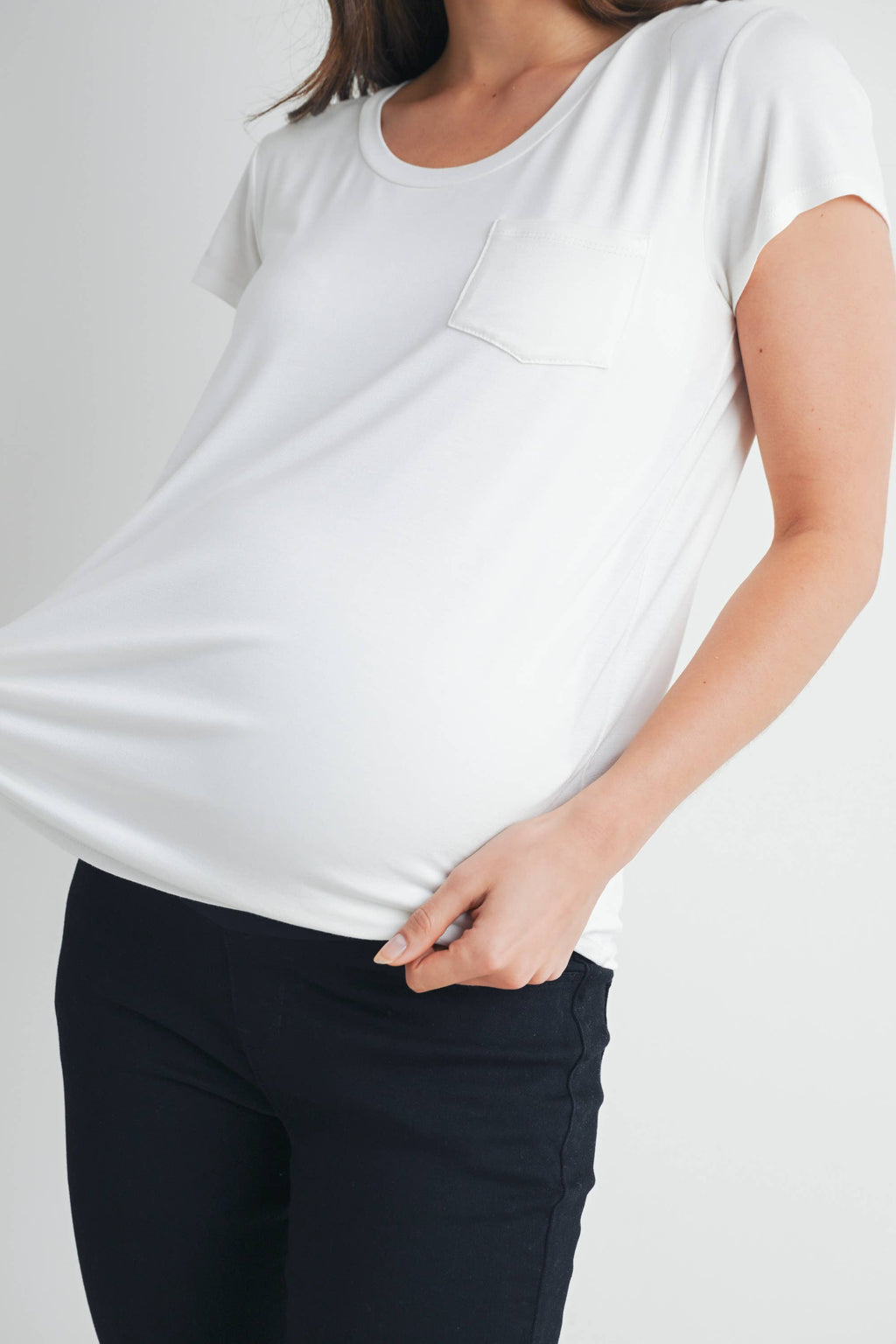 White Round Neck Maternity to Nursing Pocket T-Shirt