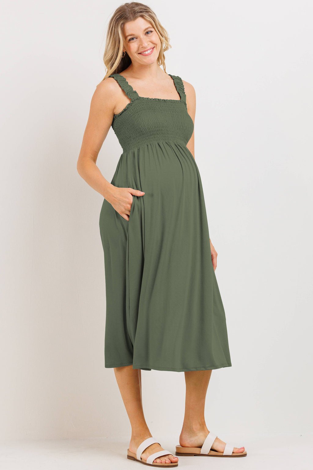 Olive Smocked Sleeveless Maternity Midi Dress
