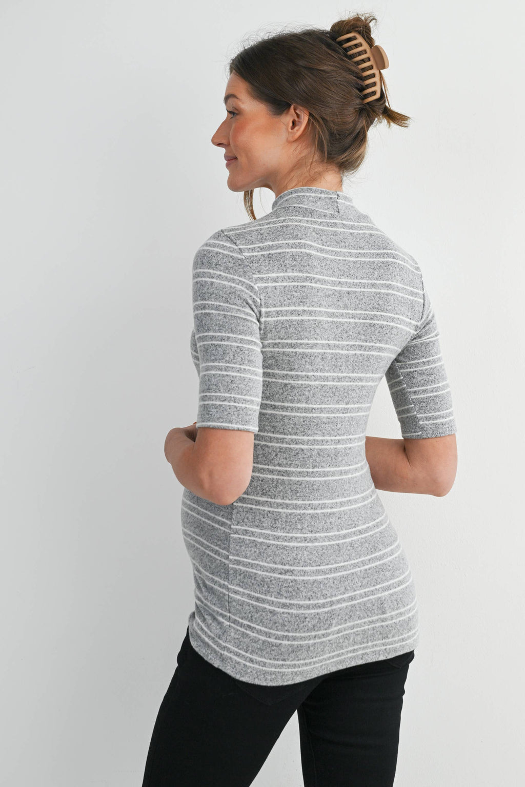 Grey & White Soft Knit Striped Mock Neck Top