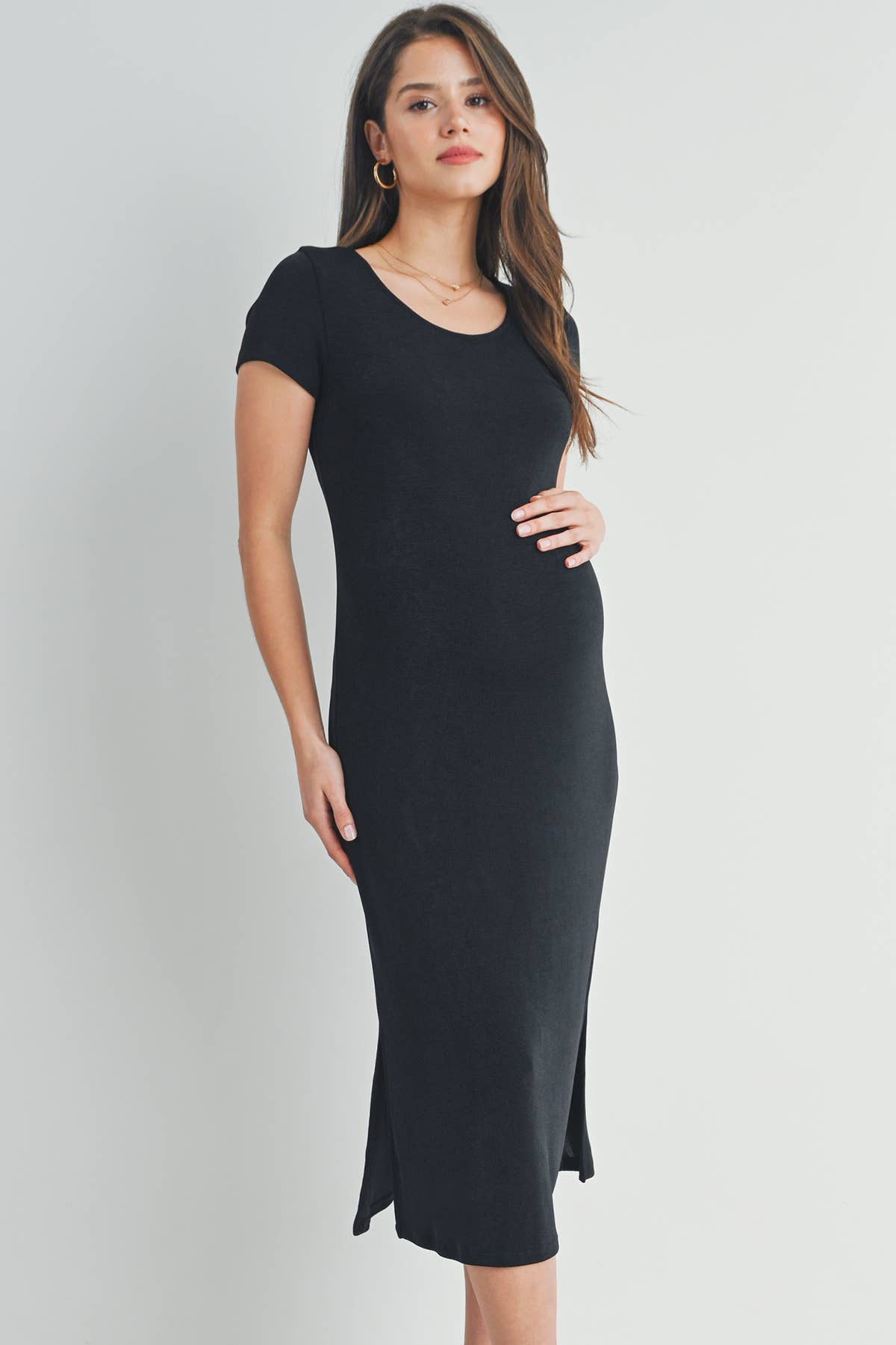 Black Round Neck Double Slit Maternity Midi Dress