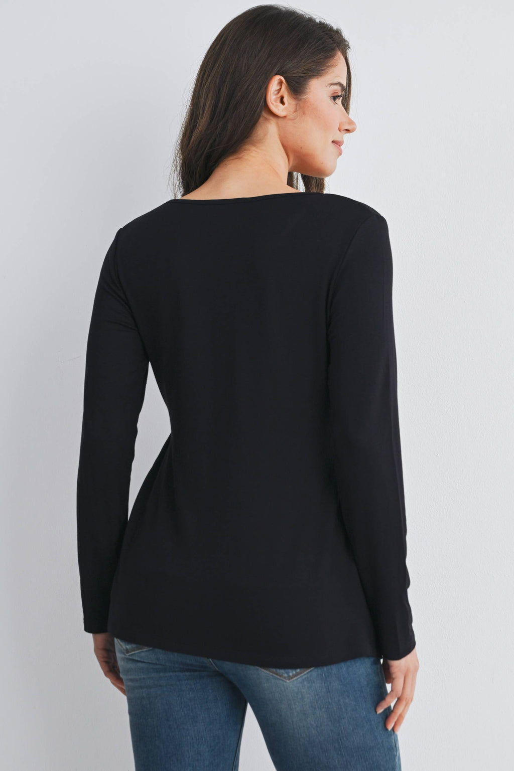 Black French Terry Long Sleeve Scoop Neck Maternity Top