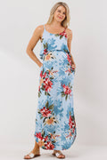 Blue Tropical Floral Maternity Sleeveless Maxi Dress
