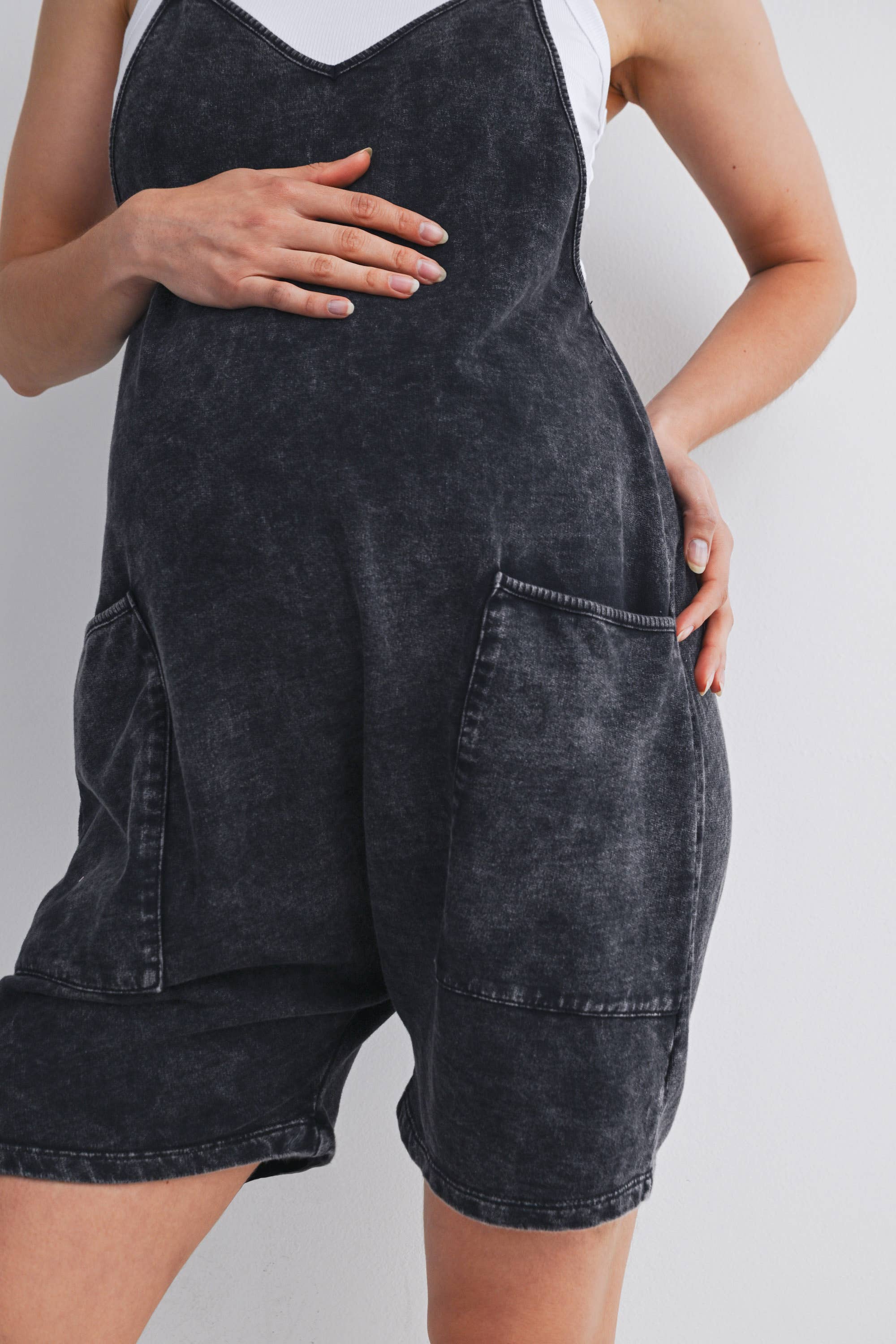 Washed Black Maternity Romper with Adjustable Strap