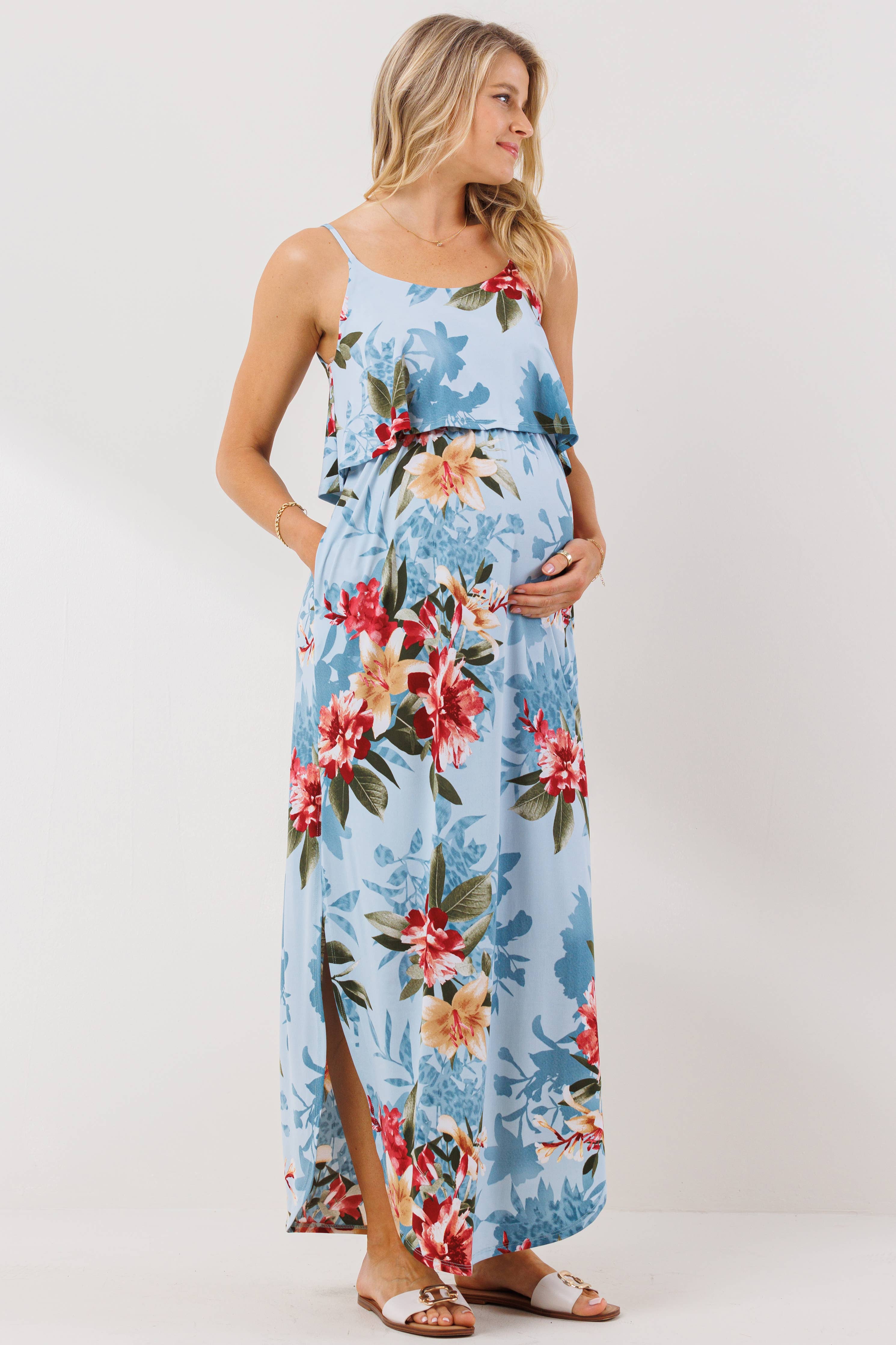 Blue Tropical Floral Maternity Sleeveless Maxi Dress