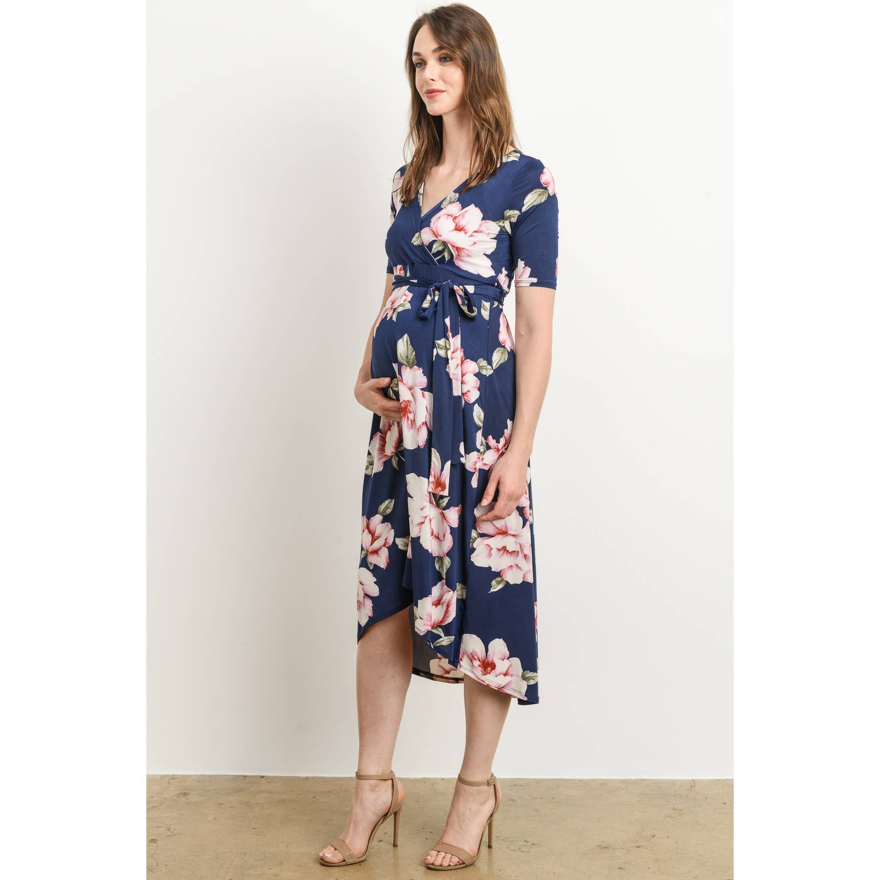 Navy Blue Floral High-Low Nursing Surplice Dress