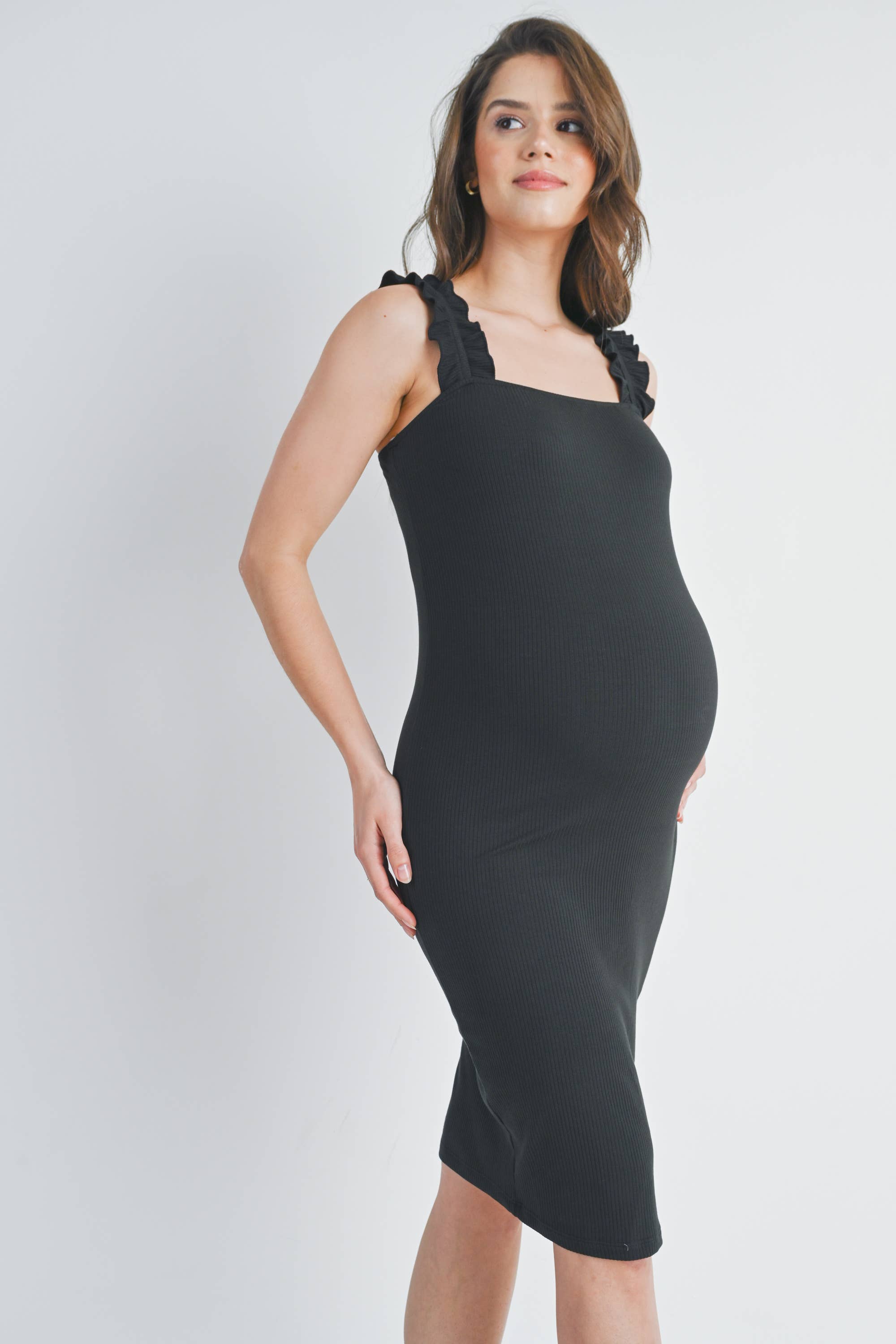 Black Ribbed Ruffle-Strap Maternity Bodycon Dress