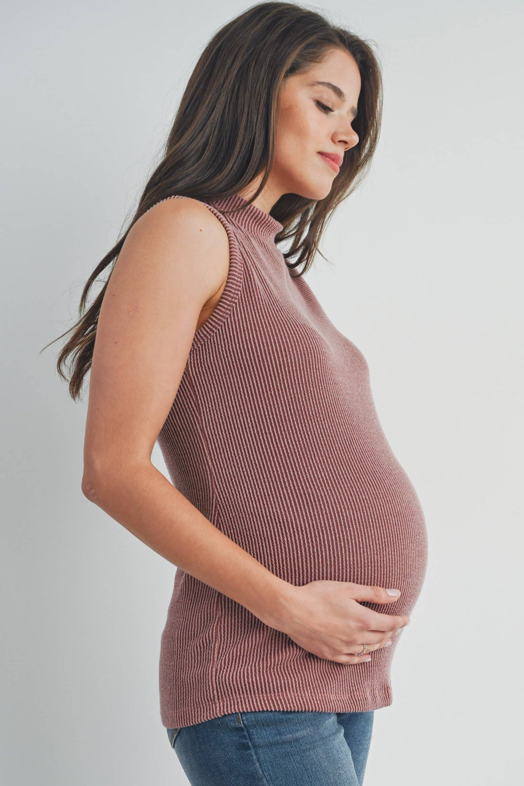 Red Brown Ribbed Mock Neck Maternity Tank Top