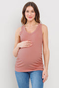 Coral Ruched V-Neck Maternity Ribbed Tank Top