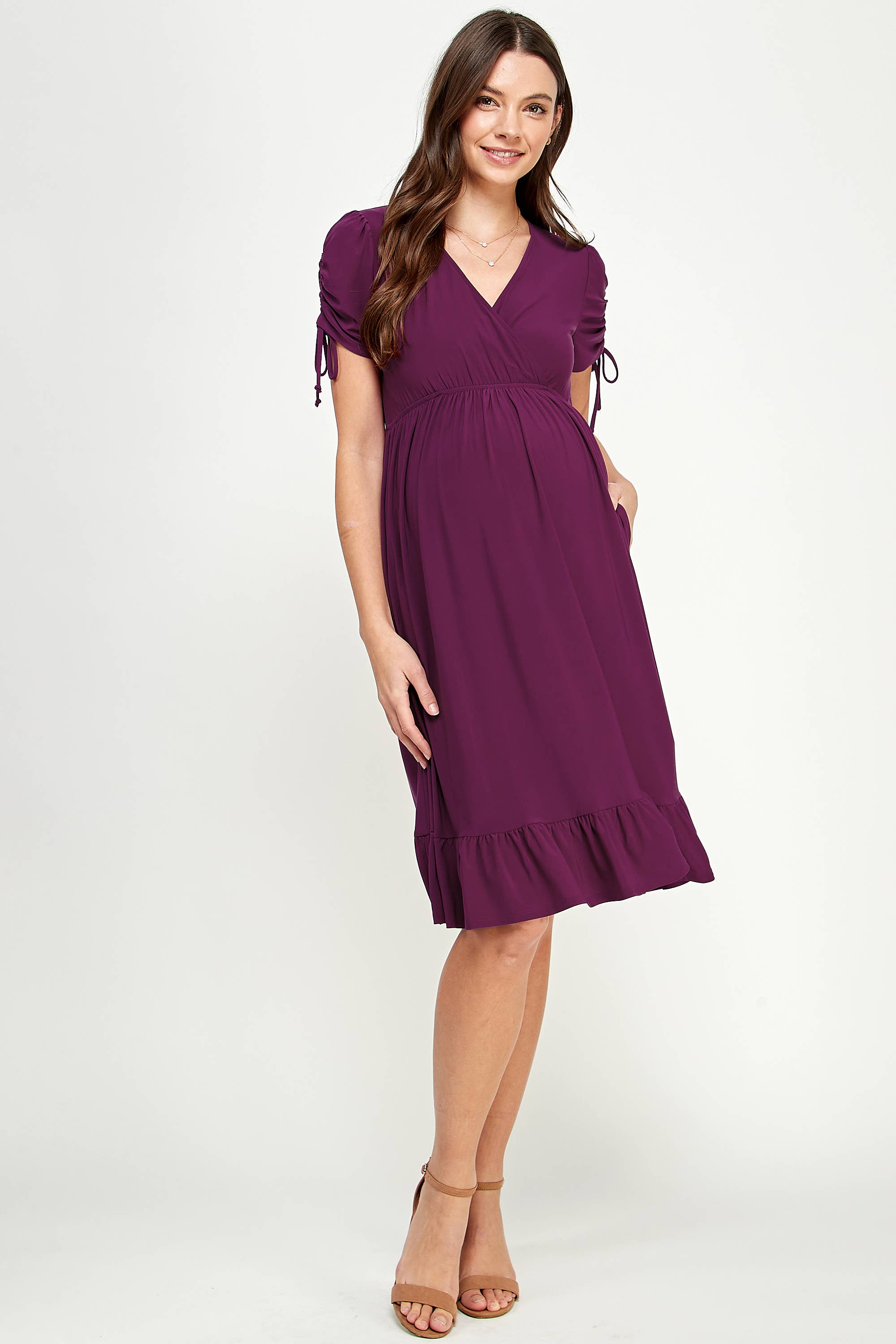 Magenta Ruffle Hem Maternity Dress with Surplice Neckline