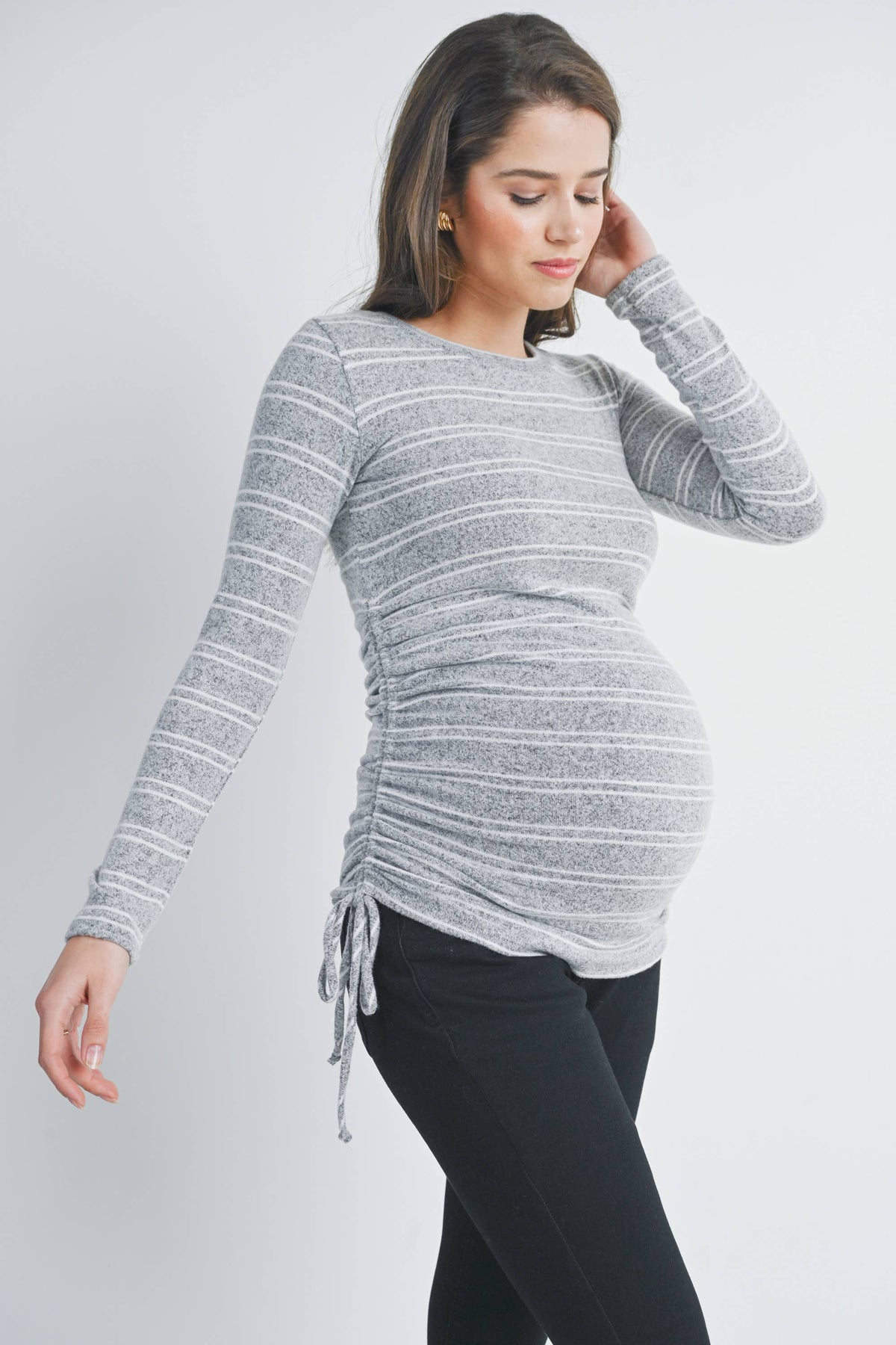 Gray/Ivory Striped Ruched Maternity Long Sleeve Knit Top