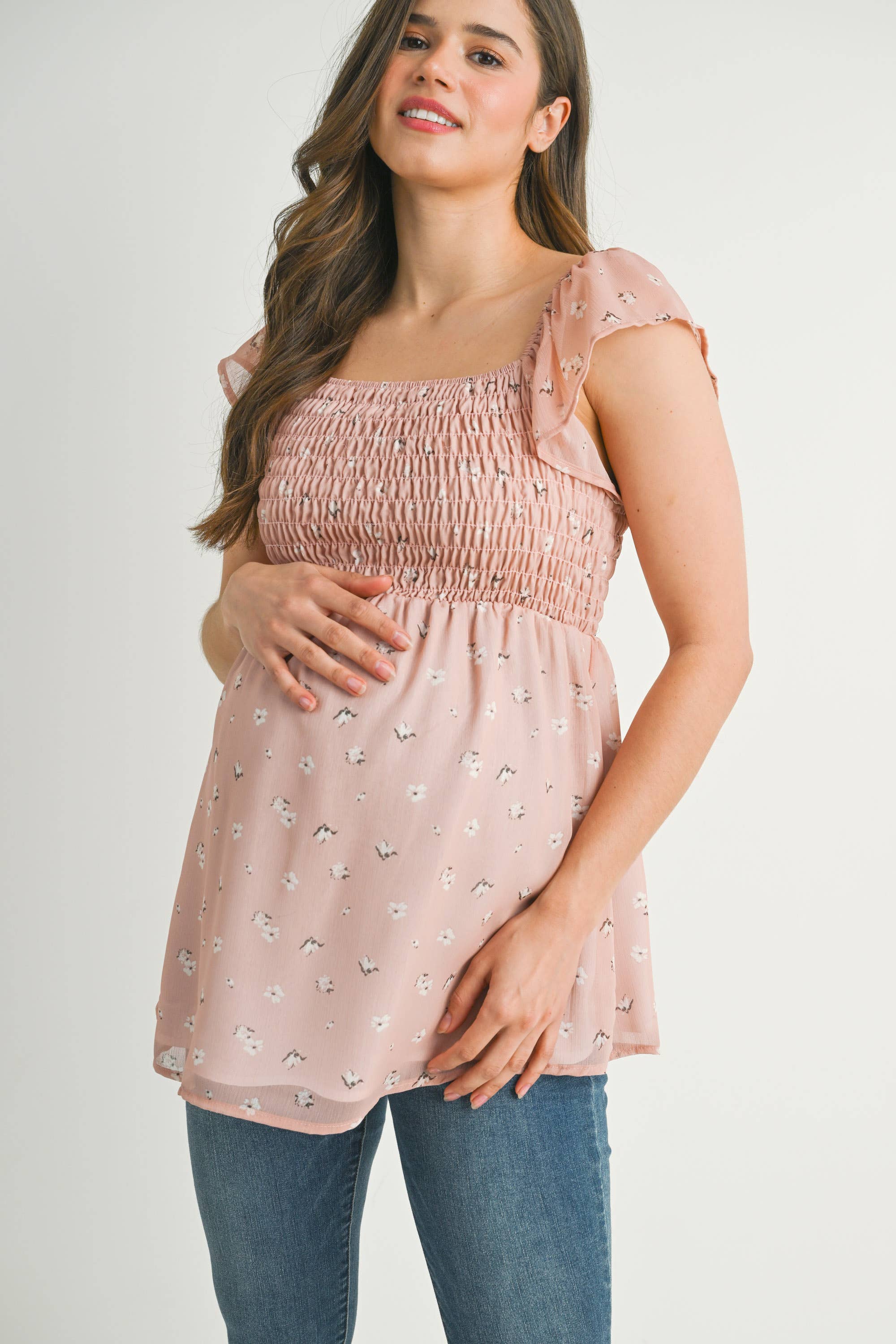 Blush Floral Flutter Sleeve Maternity Smocked Top