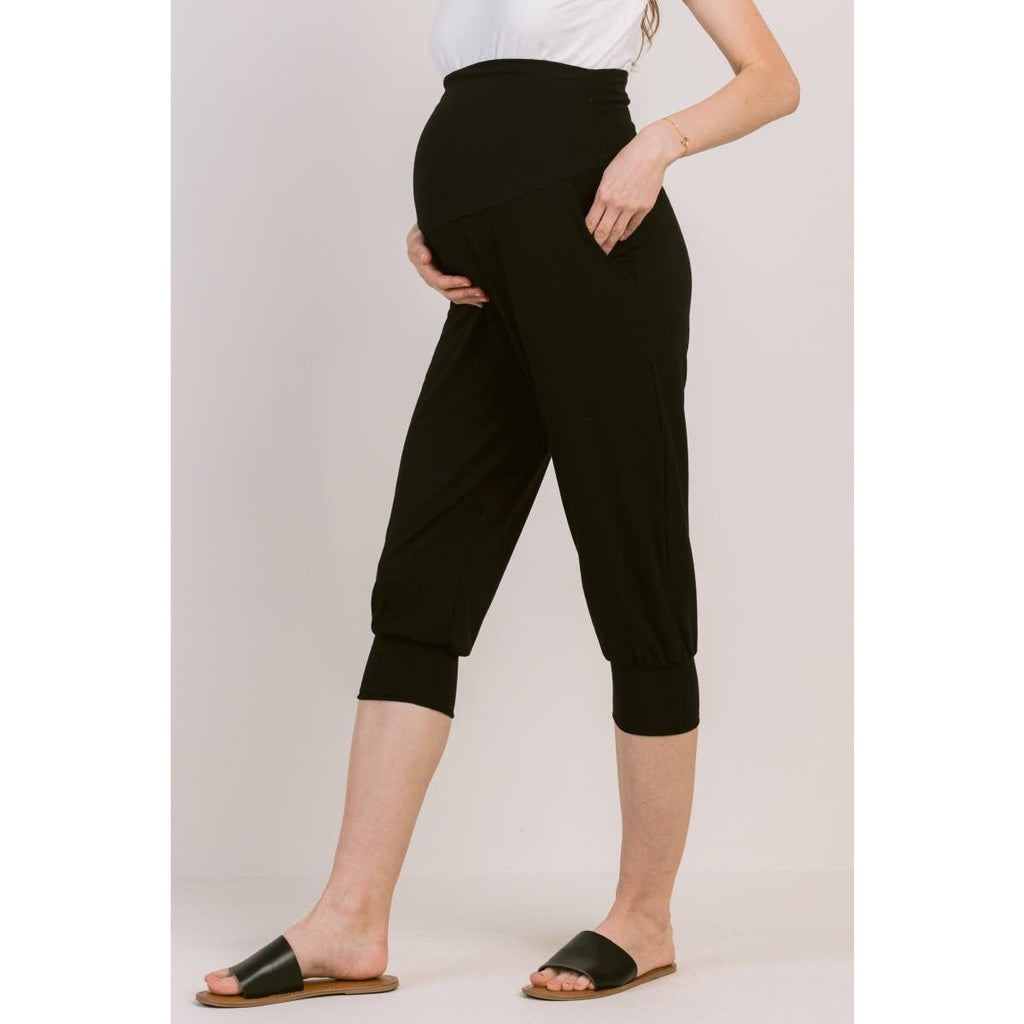 Black High Rise Capri Maternity Jogger Pants