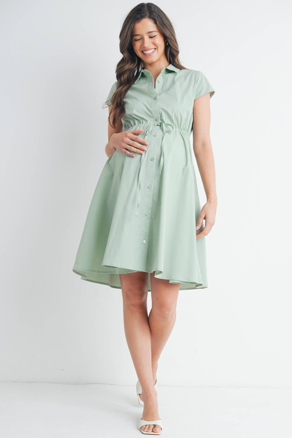 Sage Button Up Short Sleeve Maternity Shirt Dress