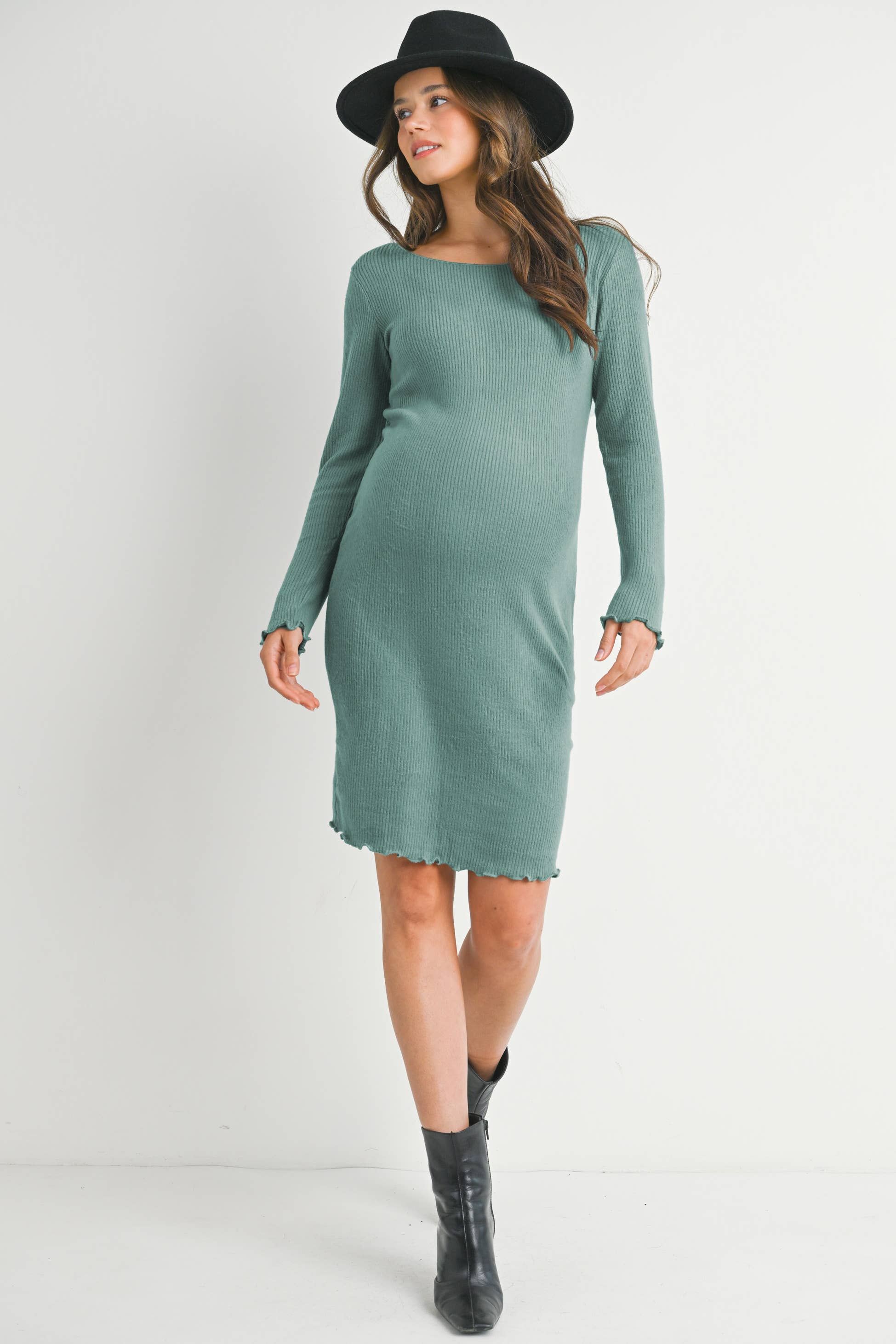 Teal Ribbed Lettuce Edge Long Sleeve Maternity Dress