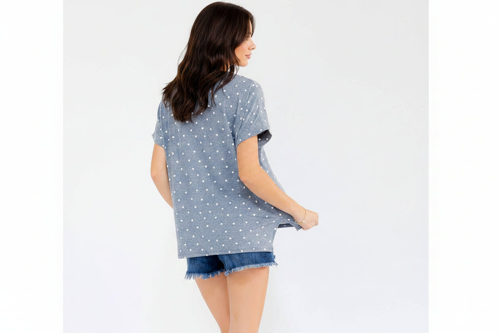 Heather Blue Polka Dot Short Sleeve Top